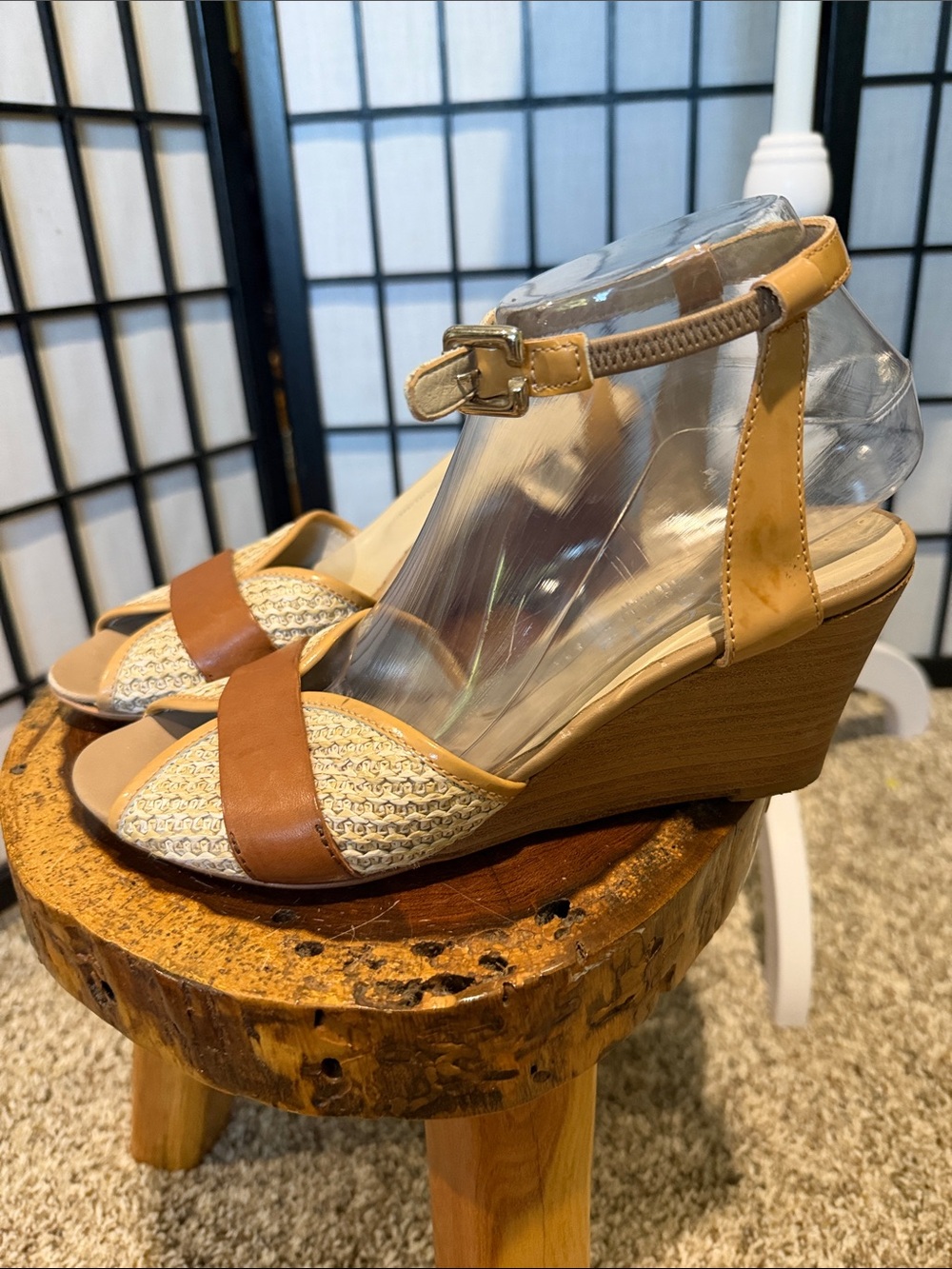 AGL Italian Tan/Cream Woven Leather Slingback Wooden Heel Sandals 39